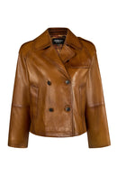 Gabriela Woman Camel A-Form Double-Breasted Leather Jacket | Derimod