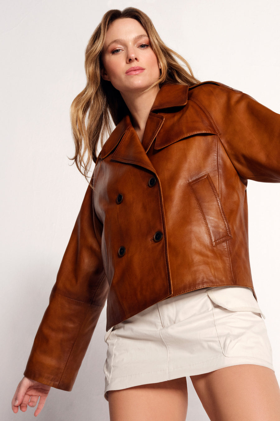 Gabriela Woman Camel A-Form Double-Breasted Leather Jacket