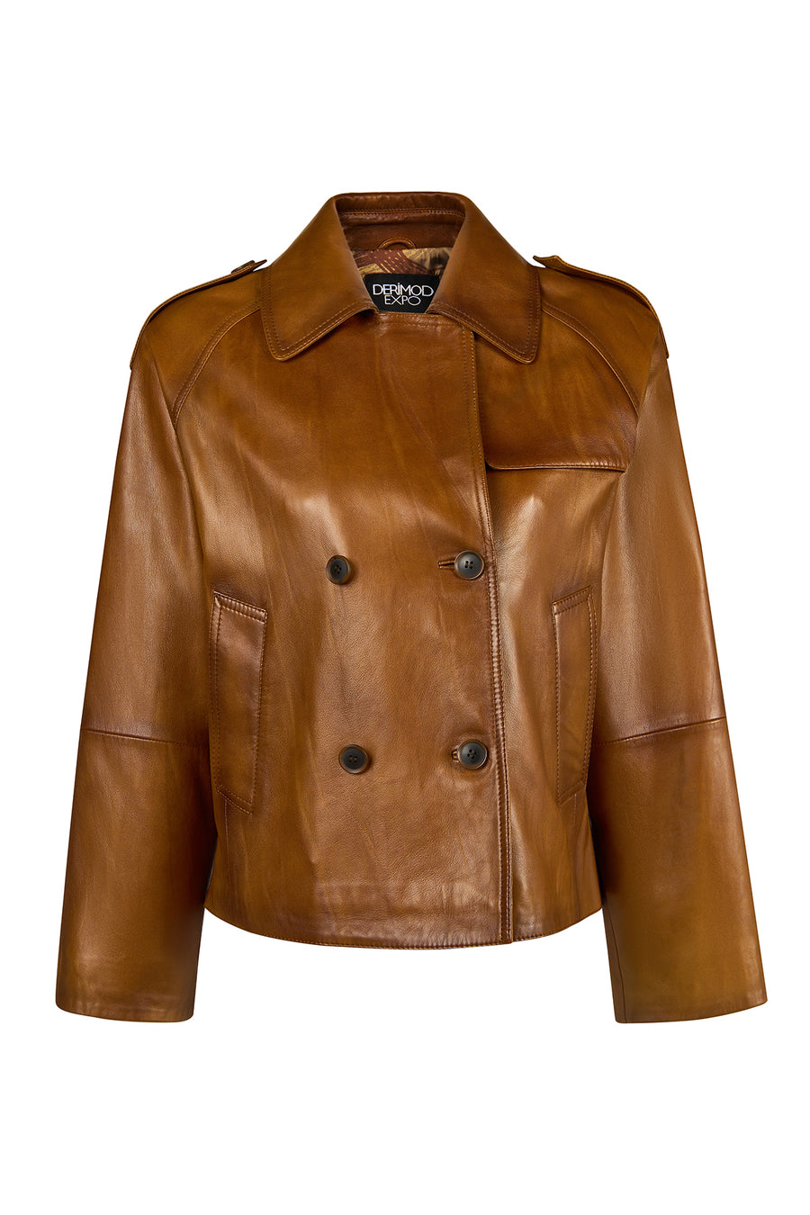 Gabriela Woman Camel A-Form Double-Breasted Leather Jacket