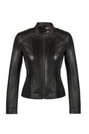 Sandy Woman Black Mandarin Collar Short Leather Jacket | Derimod