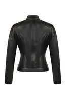 Sandy Woman Black Mandarin Collar Short Leather Jacket | Derimod