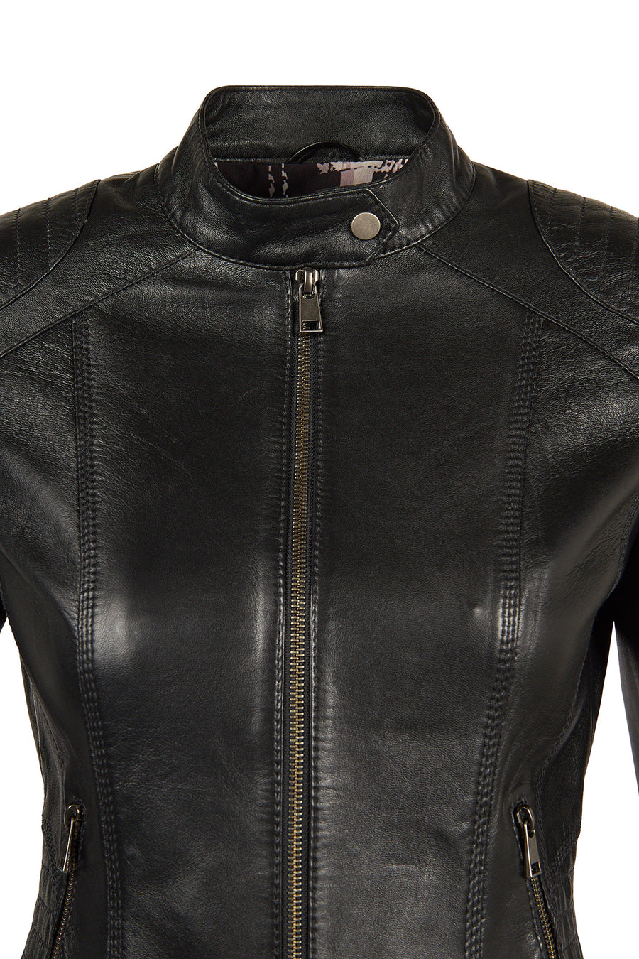 Sandy Woman Black Mandarin Collar Short Leather Jacket