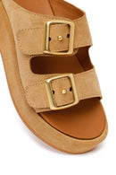 Woman Beige Double-Buckle Thick-Soled Suede Slipper | Derimod