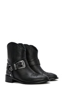 Women's Black Metal Detailed Leather Cowboy Boots | Derimod