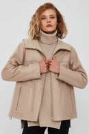 Roma Women's Beige Hooded Double-Sided Oversize Leather Jacket | Derimod