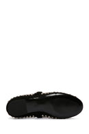 Woman Black Embellished Leather Ballet Flat | Derimod