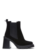 Women's Black Suede Leather Heeled Chelsea Boots | Derimod