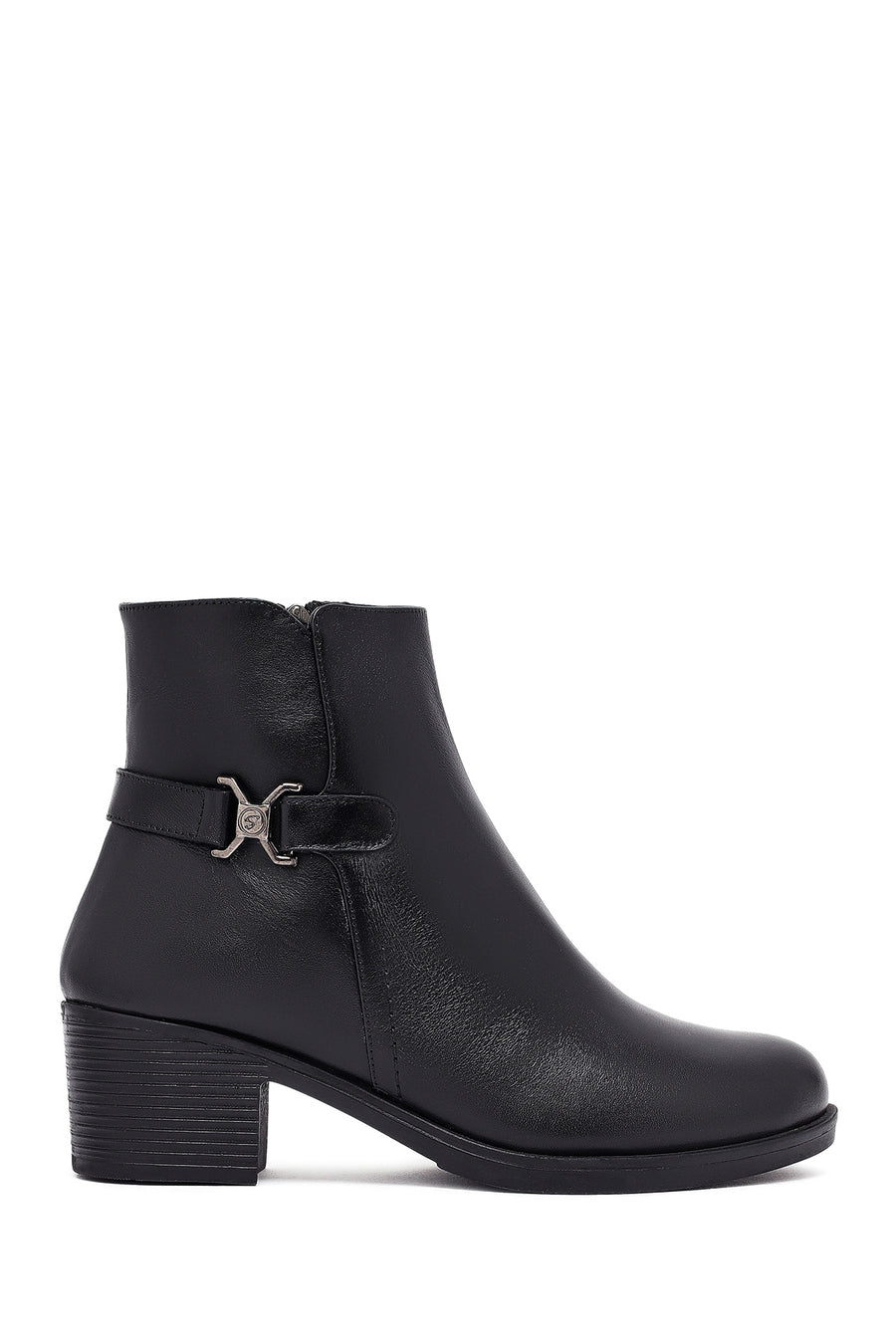 Woman Black Zip Closure Thick-Heeled Leather Boots WF410019DV | Derimod