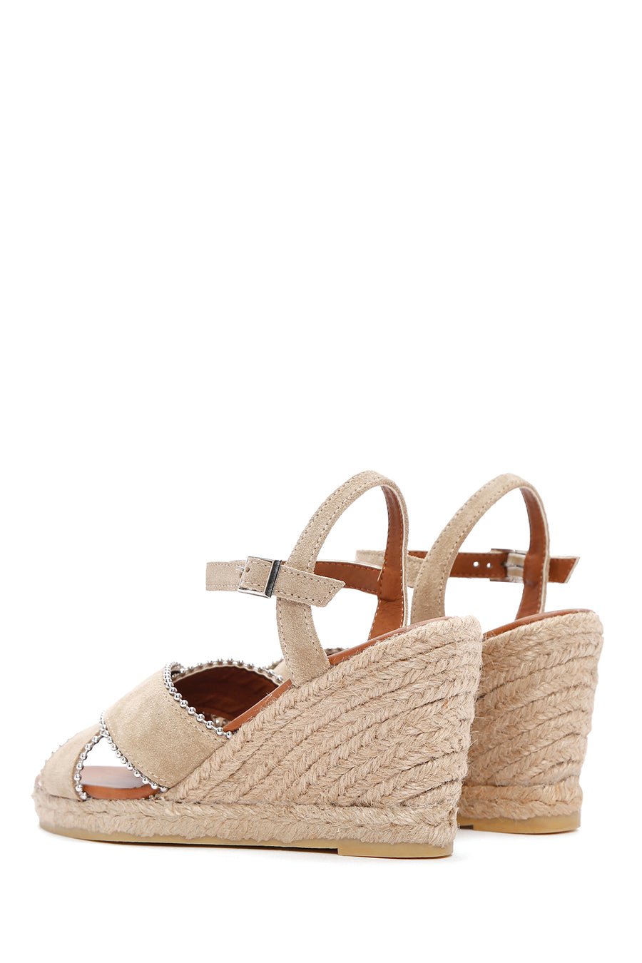 Women's Beige Ankle Strap Wedge Heel Suede Leather Espadrille Sandals