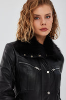 Vivien Women's Black Fur Collar Leather Jacket | Derimod