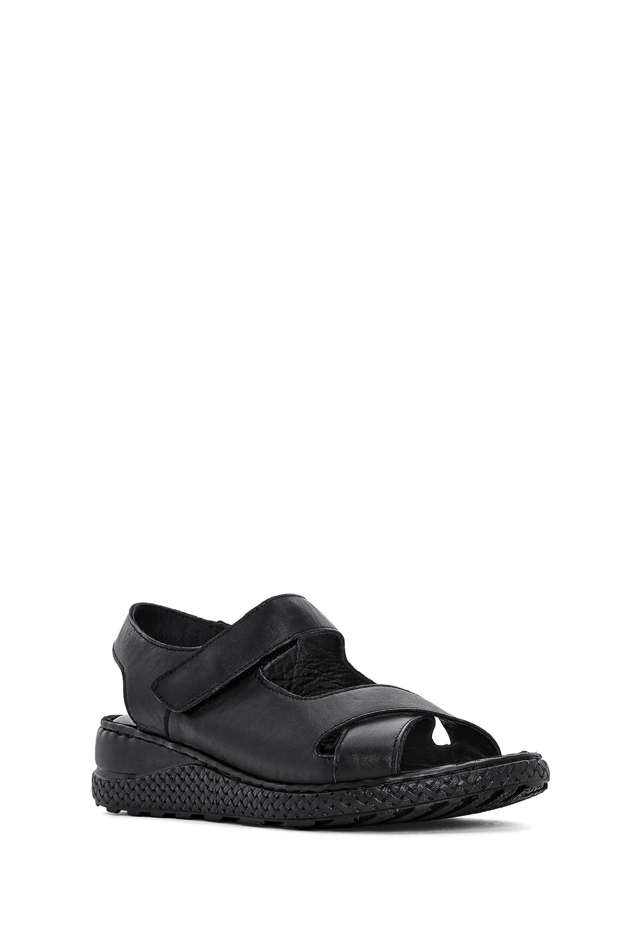 Women's Black Ankle Strap Chunky Sole Leather Comfort Sandals