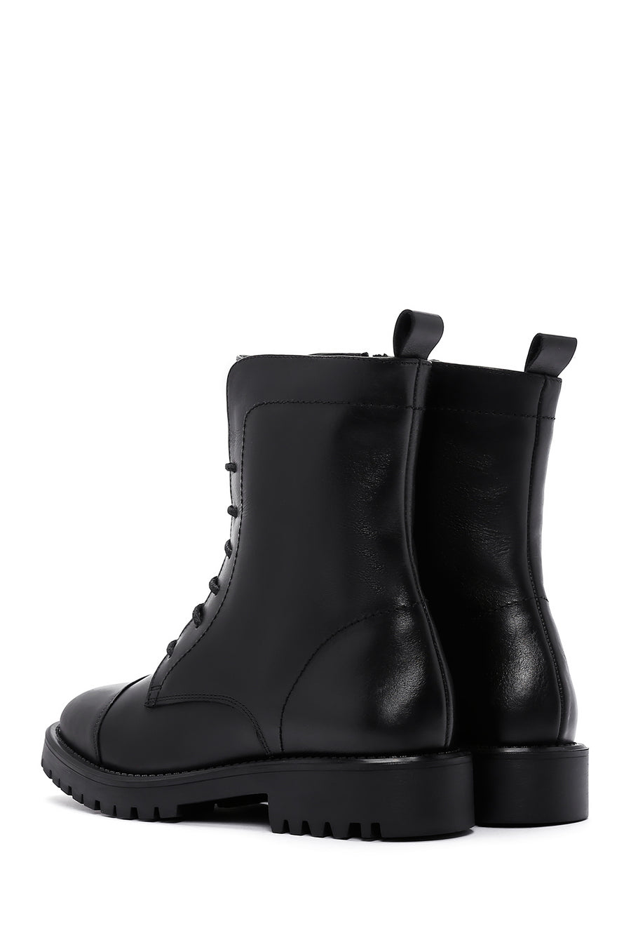Women's Black Lace-Up Zipper Detailed Leather Combat Boots