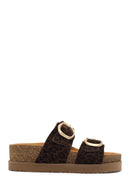 Women's Brown Double Buckle Leopard Print Chunky Sole Suede Leather Slippers | Derimod