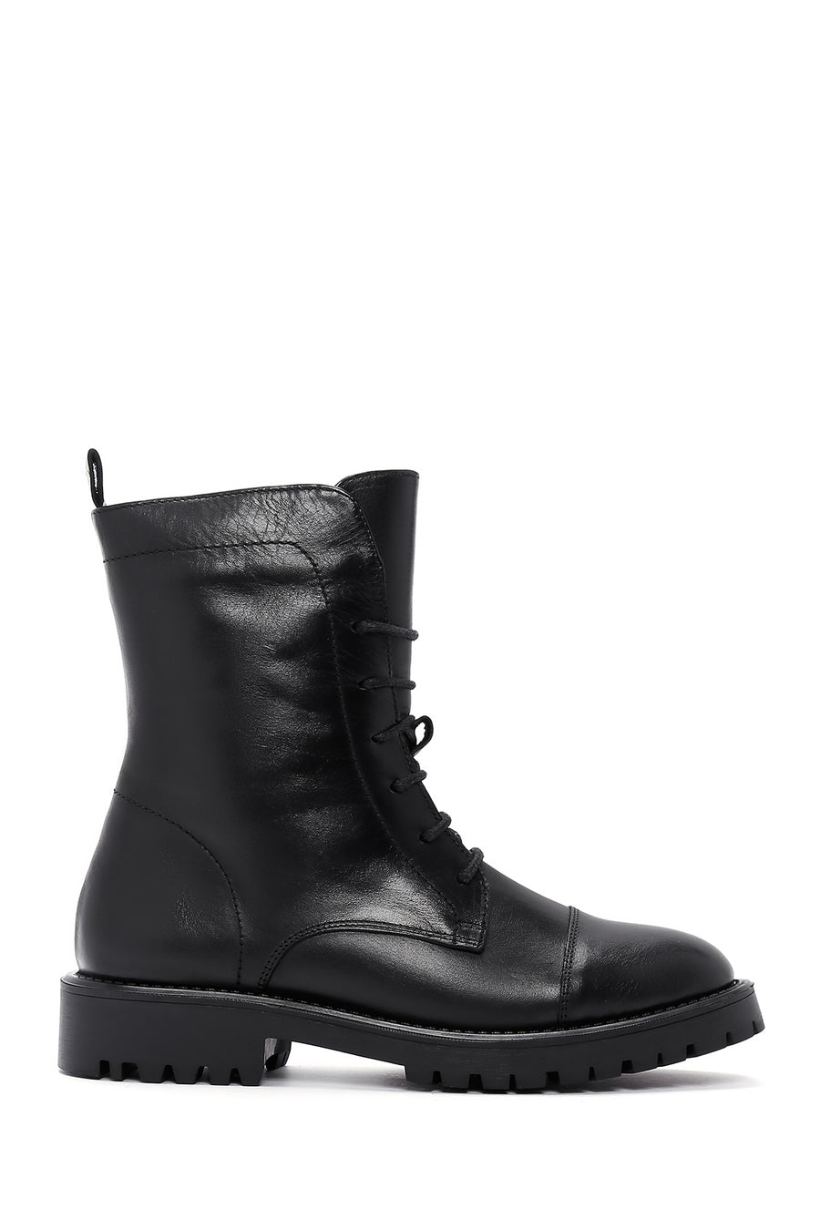 Women's Black Lace-Up Zipper Detailed Leather Combat Boots 24WFD150718 | Derimod