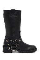 Women's Black Leather Biker Boot | Derimod