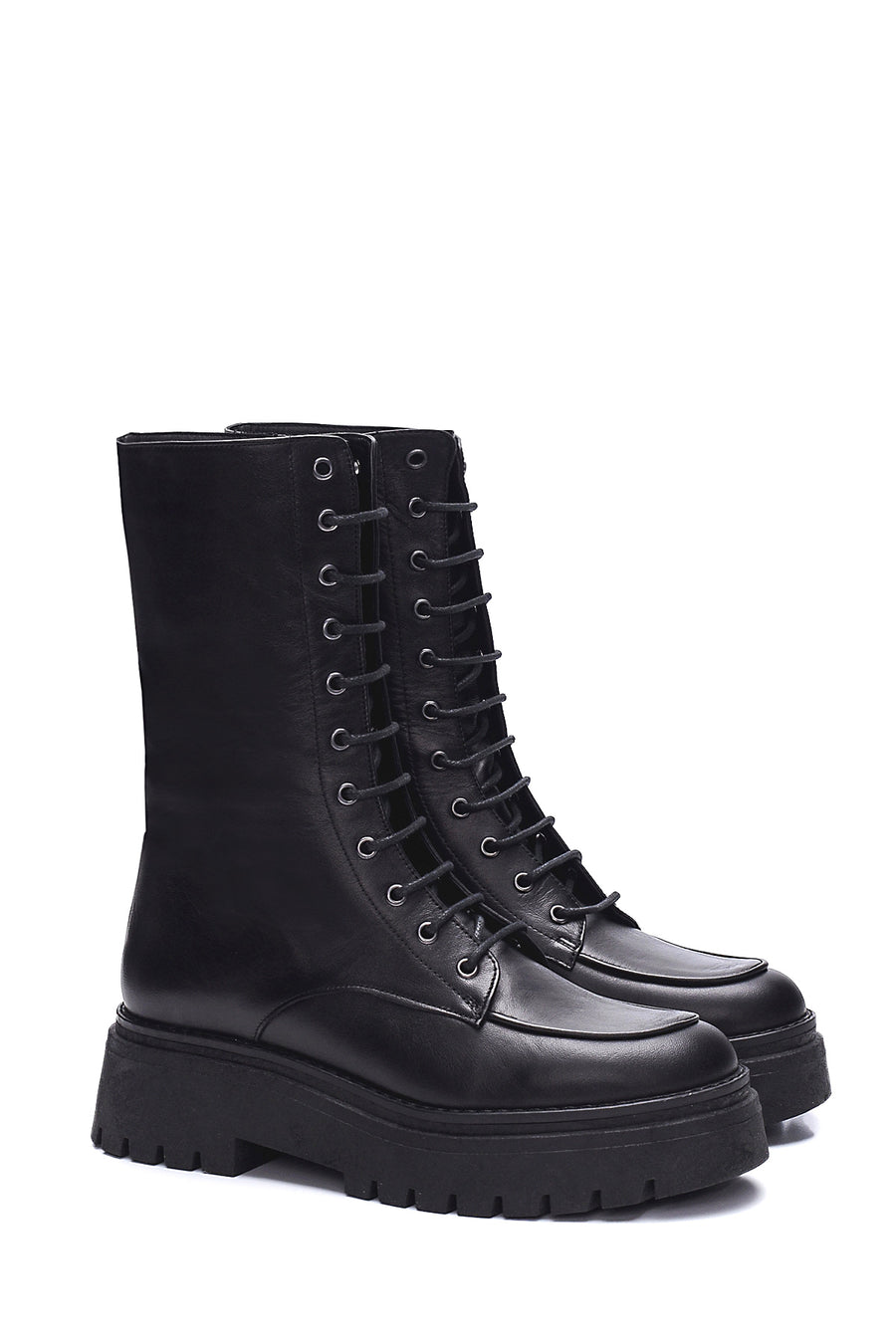 Women's Black Leather Thick Soled Boots