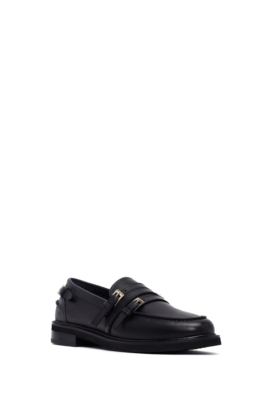 Kadın Siyah Tokalı Deri Maskülen Loafer