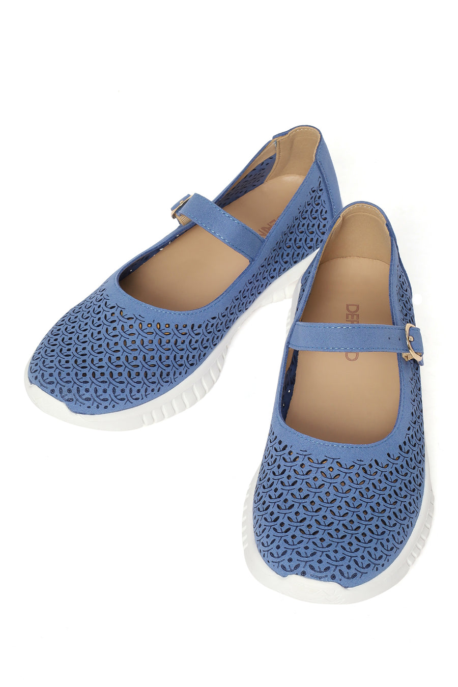 Woman Blue Buckled Patterned Suede Comfort Shoes