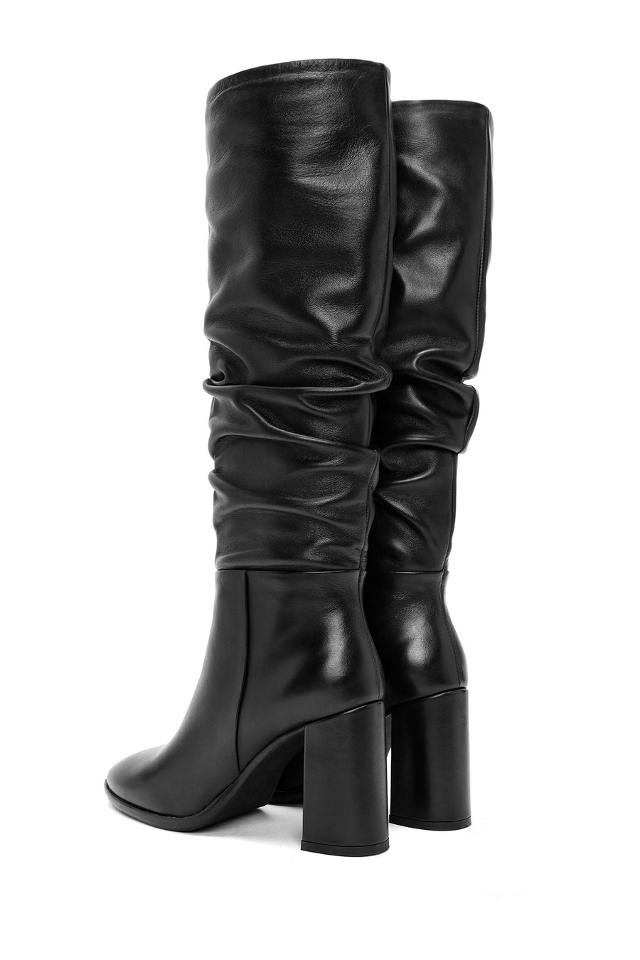 Women's Black Zippered Thick Heel Leather Boots