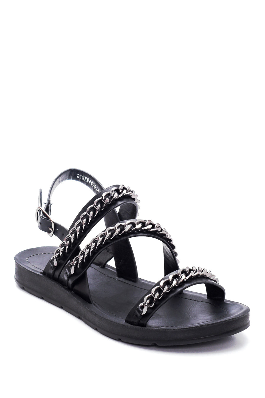 Women's Black Chain Flat Sandals