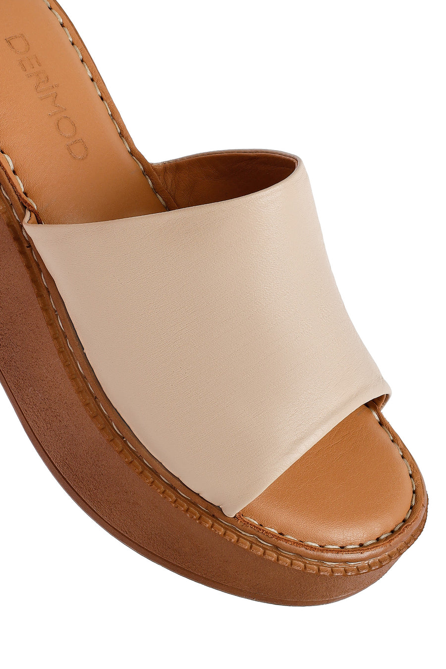 Woman Beige Thick Sole Leather Comfort Slippers