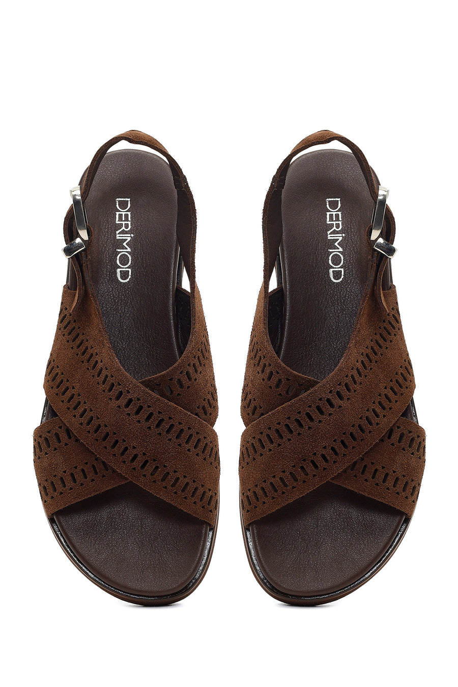 Kadın Kahverengi Desenli Süet Deri Sandalet
