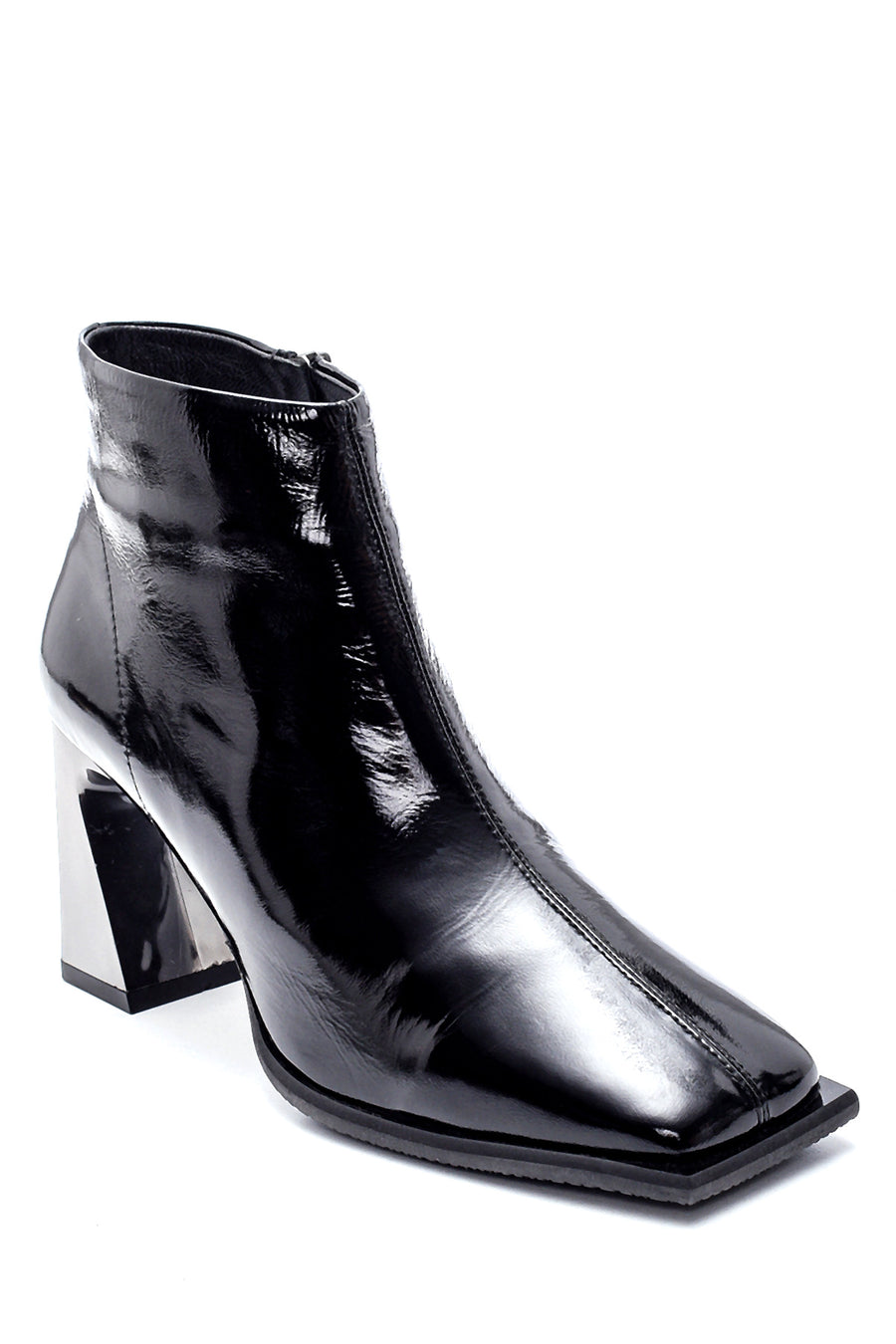 Women's Leather Patent Leather Heel Detailed Boots