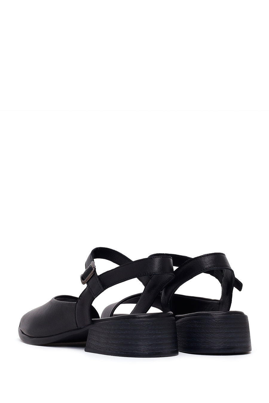 Woman Black Ankle-Buckle Low-Heel Leather Sandals