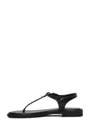 Women's Black Ankle Buckle Flip-Flop Leather Sandals | Derimod