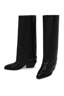 Woman Black Studded Chunky-Heeled Leather Cowboy Boots | Derimod