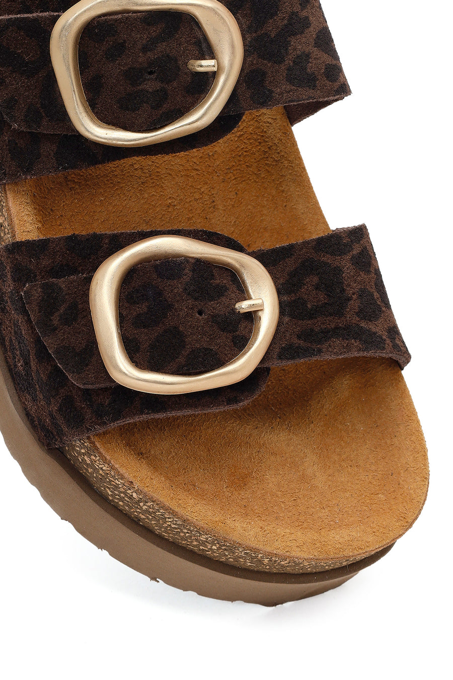 Women's Brown Double Buckle Leopard Print Chunky Sole Suede Leather Slippers