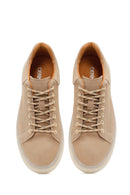 Men's Beige Lace-Up Thick-Sole Suede Leather Sneakers | Derimod
