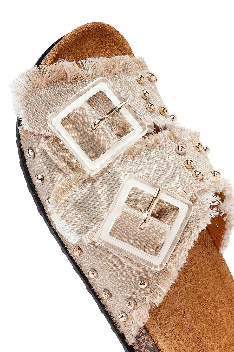 Women's Beige Stone Detailed Fabric Slippers