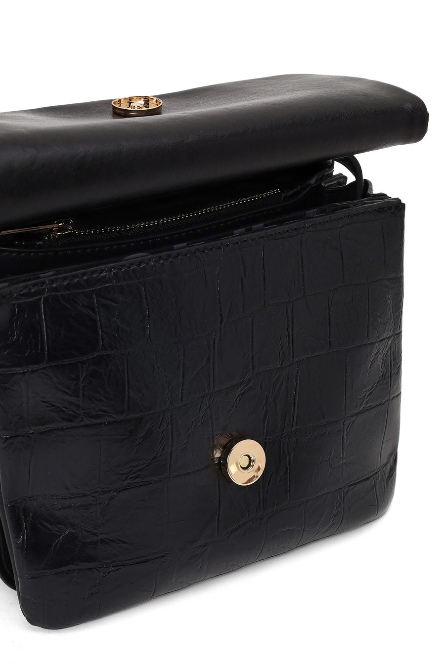 Woman Black Croc-Embossed Crossbody Bag