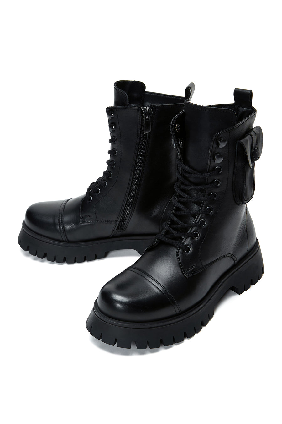 Women's Black Leather Boots with Pocket Detail
