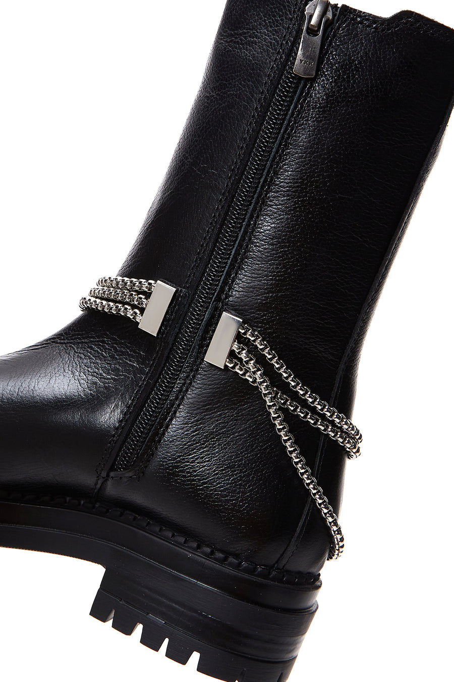 Women's Black Leather Zippered Chain Detailed Boots