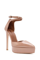 Women's Beige Ankle Buckle Platform Heeled Patent Leather Shoes | Derimod