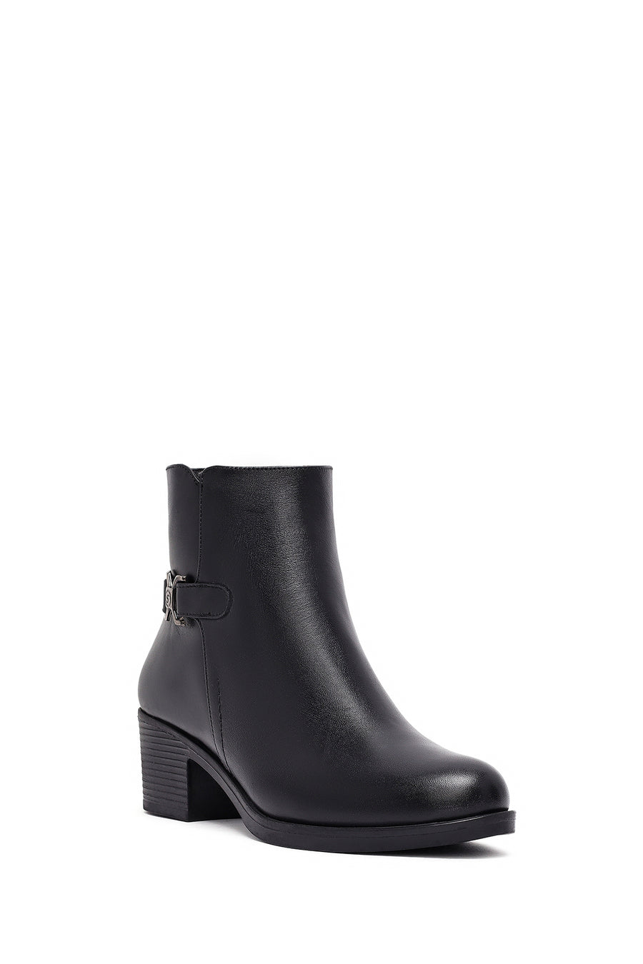 Woman Black Zip Closure Thick-Heeled Leather Boots