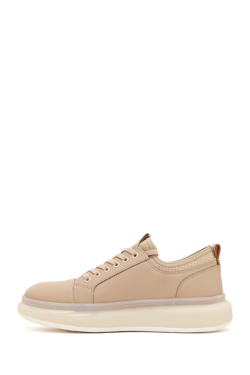 Erkek Bej Bağcıklı Kalın Tabanlı Deri Sneaker