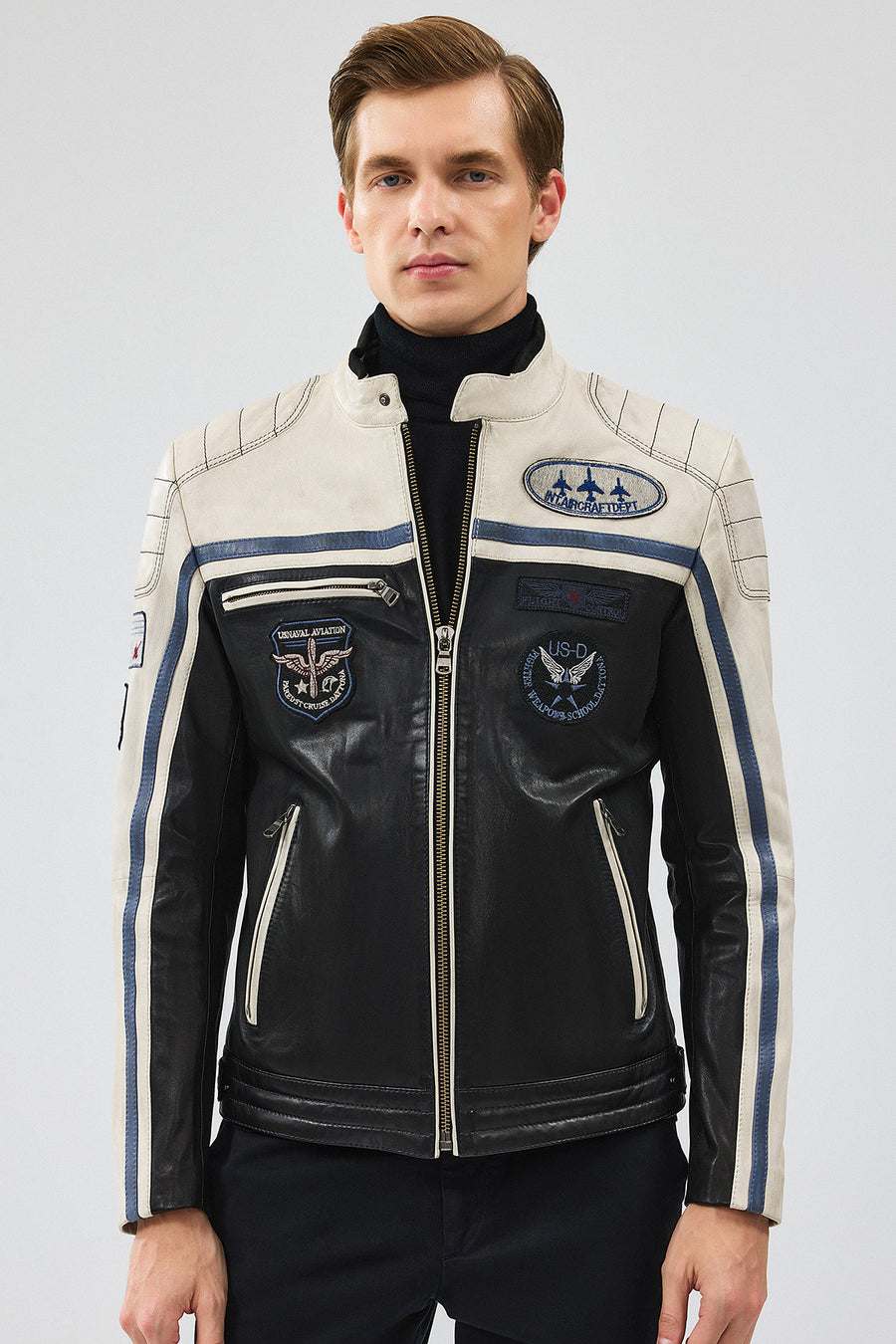 Takeoff Men's Black Leather Jacket with Emblem