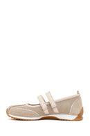 Women's Beige Strapped Suede Leather Ballet Flats | Derimod