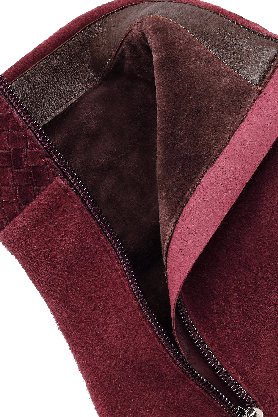 Woman Burgundy Zip Closure Braided Slim-Heeled Suede Boots