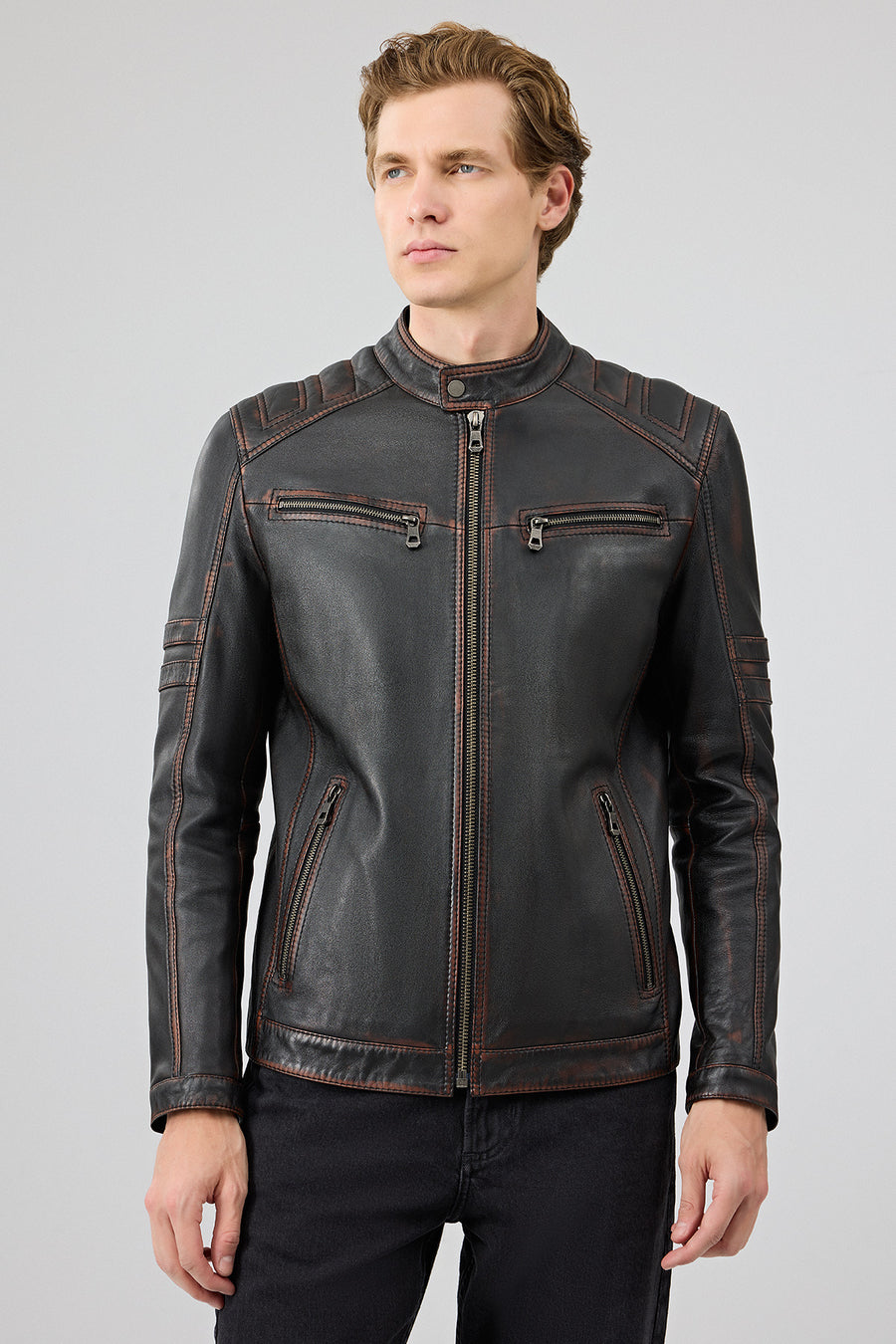 Leonard Men's Brown Vintage Slim-Fit Leather Jacket