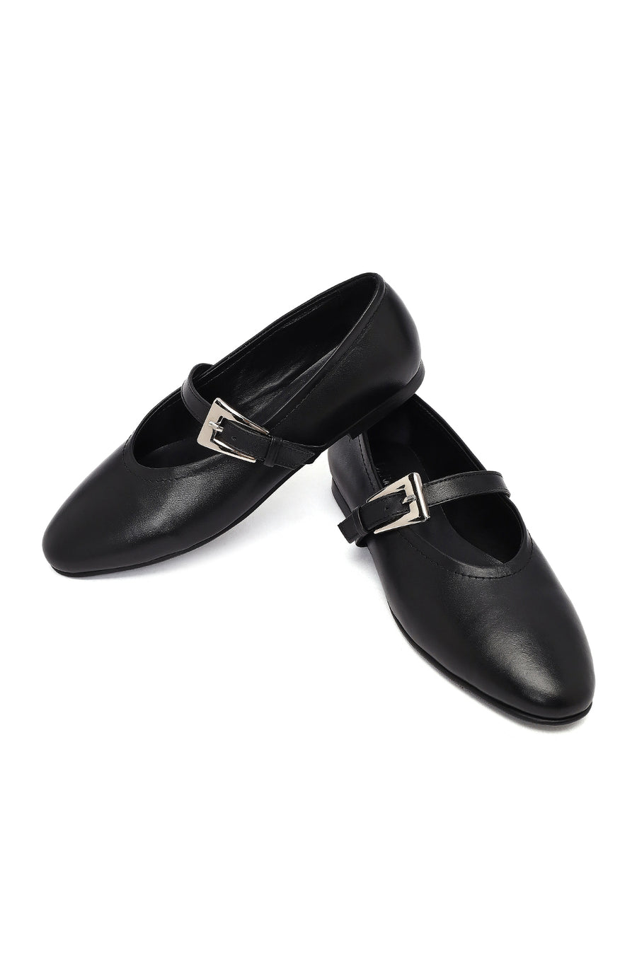Women's Black Buckled Leather Ballet Flat