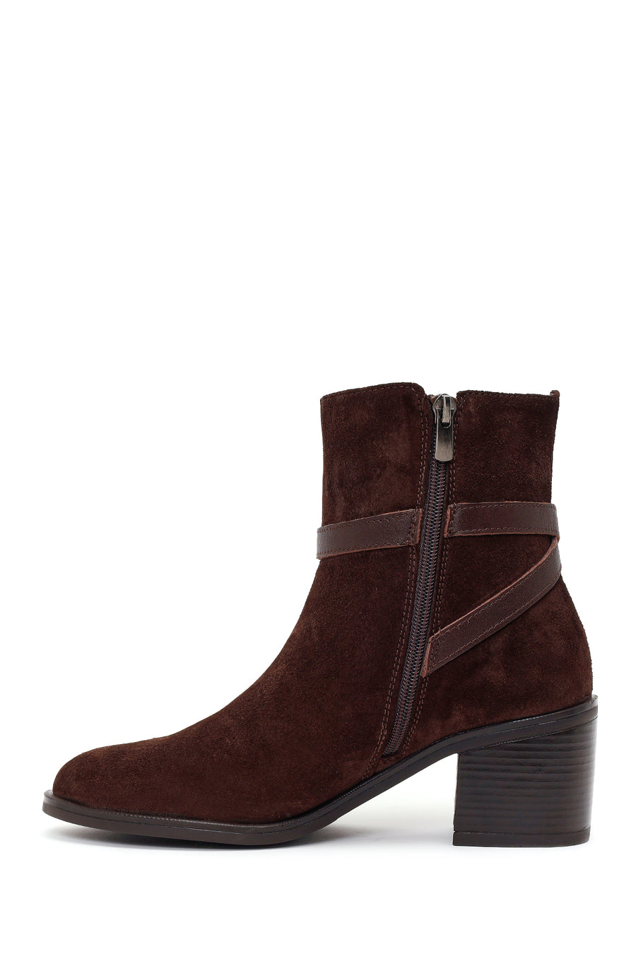 Woman Brown Zip Closure Chunky-Heeled Suede Leather Boots