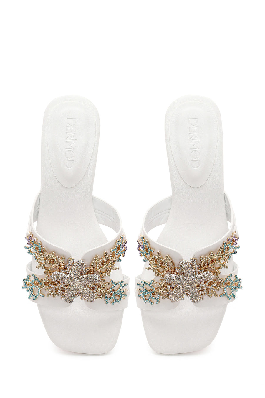 Woman White Stone-Embellished Thick Short-Heeled Slipper