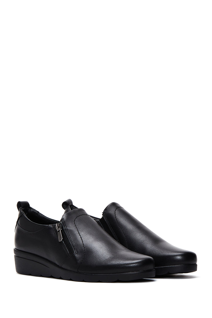 Women's Black Leather Wedge Heeled Comfort Shoes