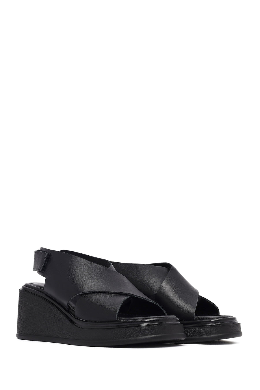 Women's Black Strapped Wedge Heel Leather Sandals