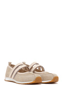 Women's Beige Strapped Suede Leather Ballet Flats | Derimod