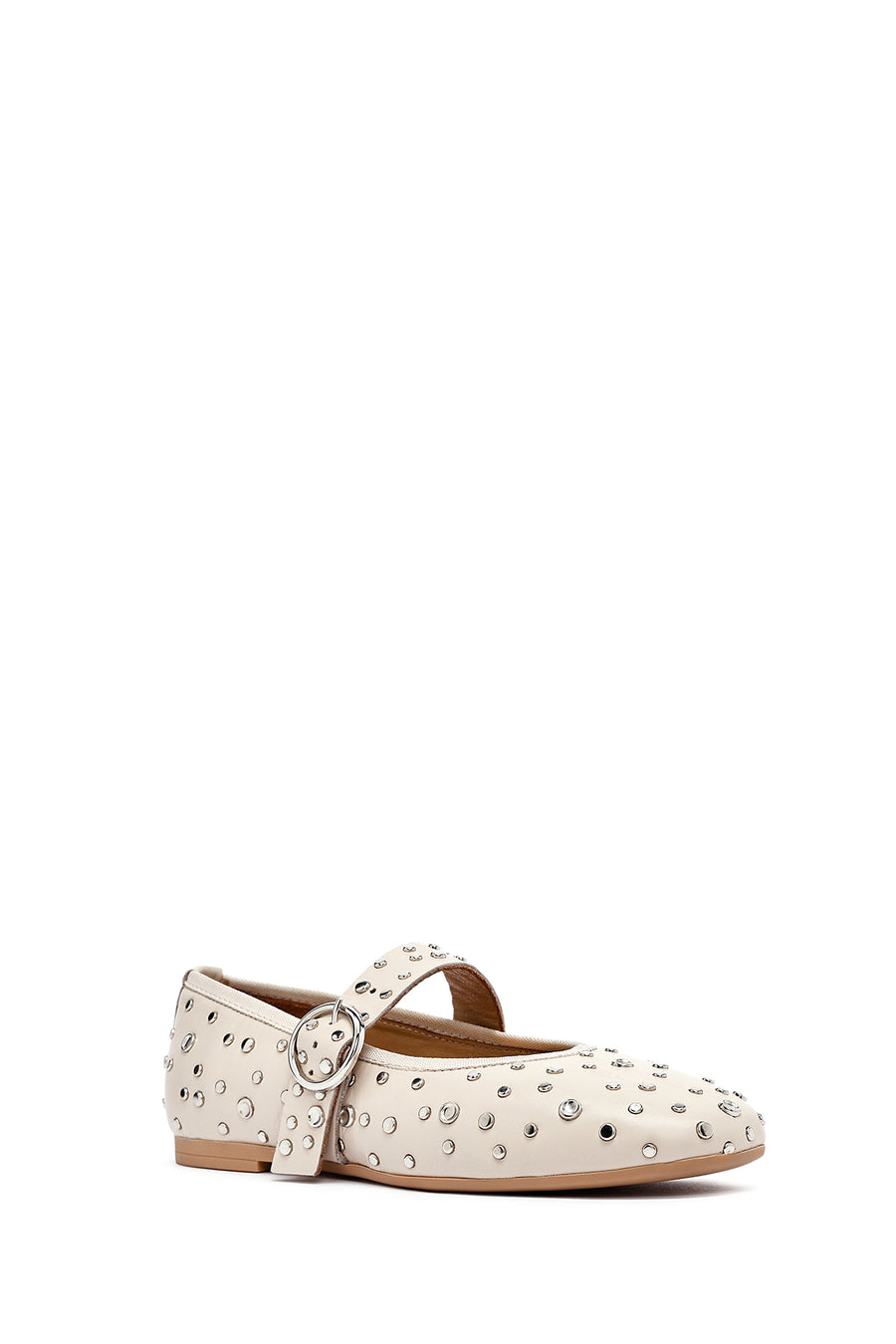 Women's Beige Buckled Stoned Leather Ballerinas